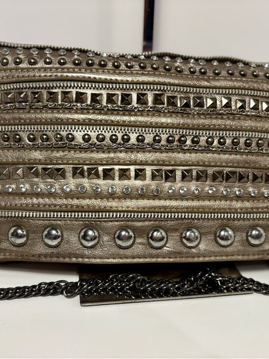 lola Handbags - lola Metallic Silver Studded Clutch with Chain Detail
